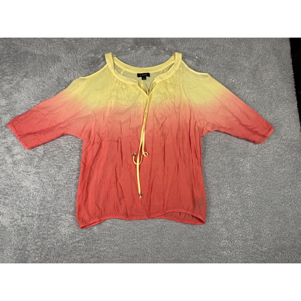 A. Byer Blouse Women Large Yellow Coral Good Ombre Cold Shoulder Boho Tie Neck